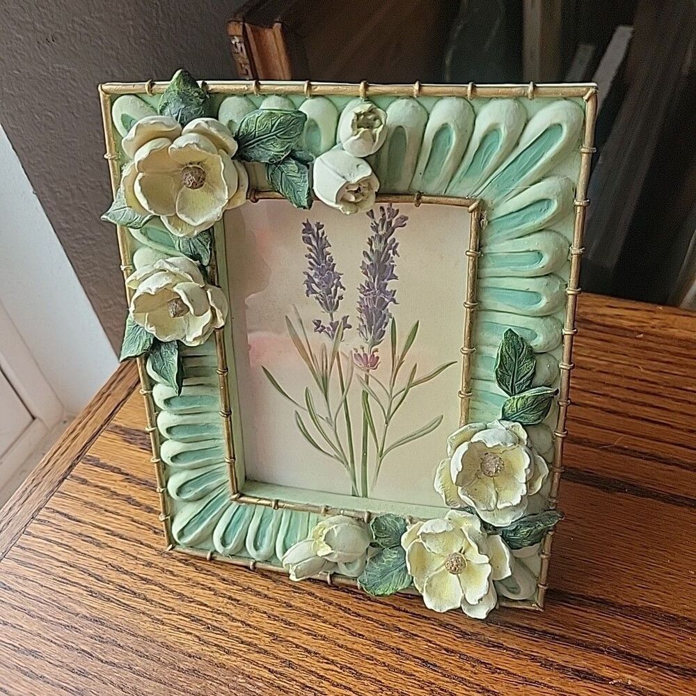 Vtg Ganz 3D Mint Green photo frame Magnolia Flowers Resin Rare Green Academia